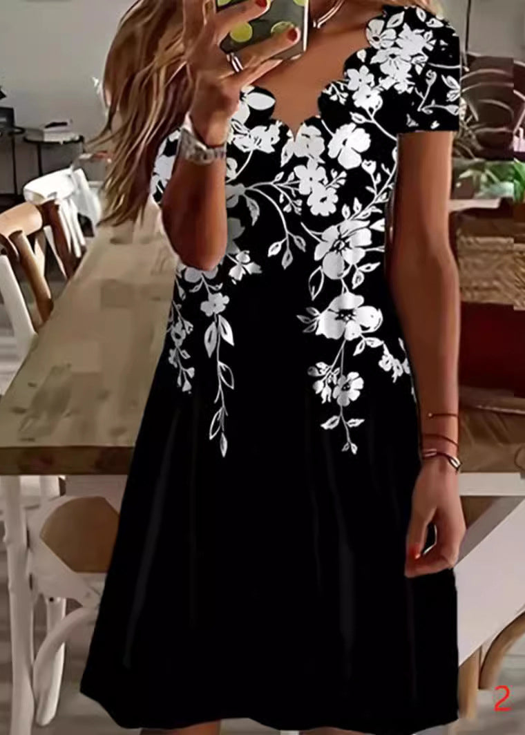 V Neck Print Cotton Loose Dress Summer