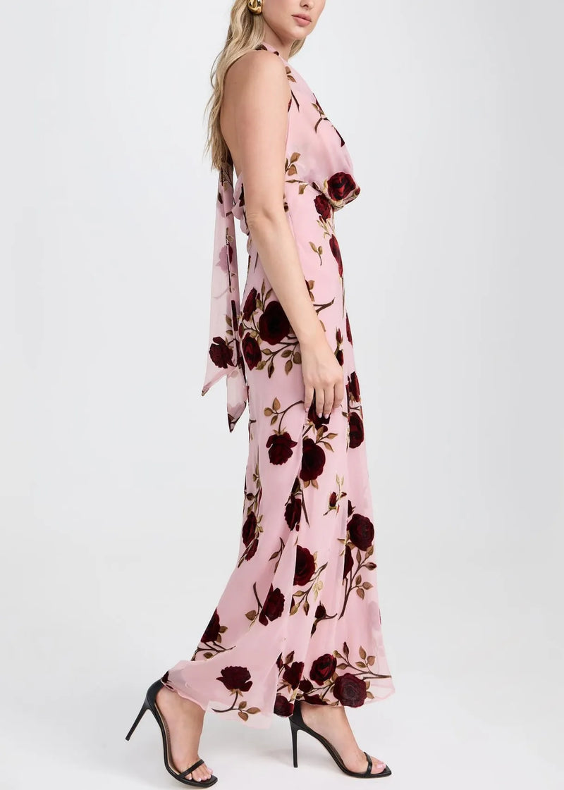 Pink Rose Tulle Backless Halter Dress Sleeveless