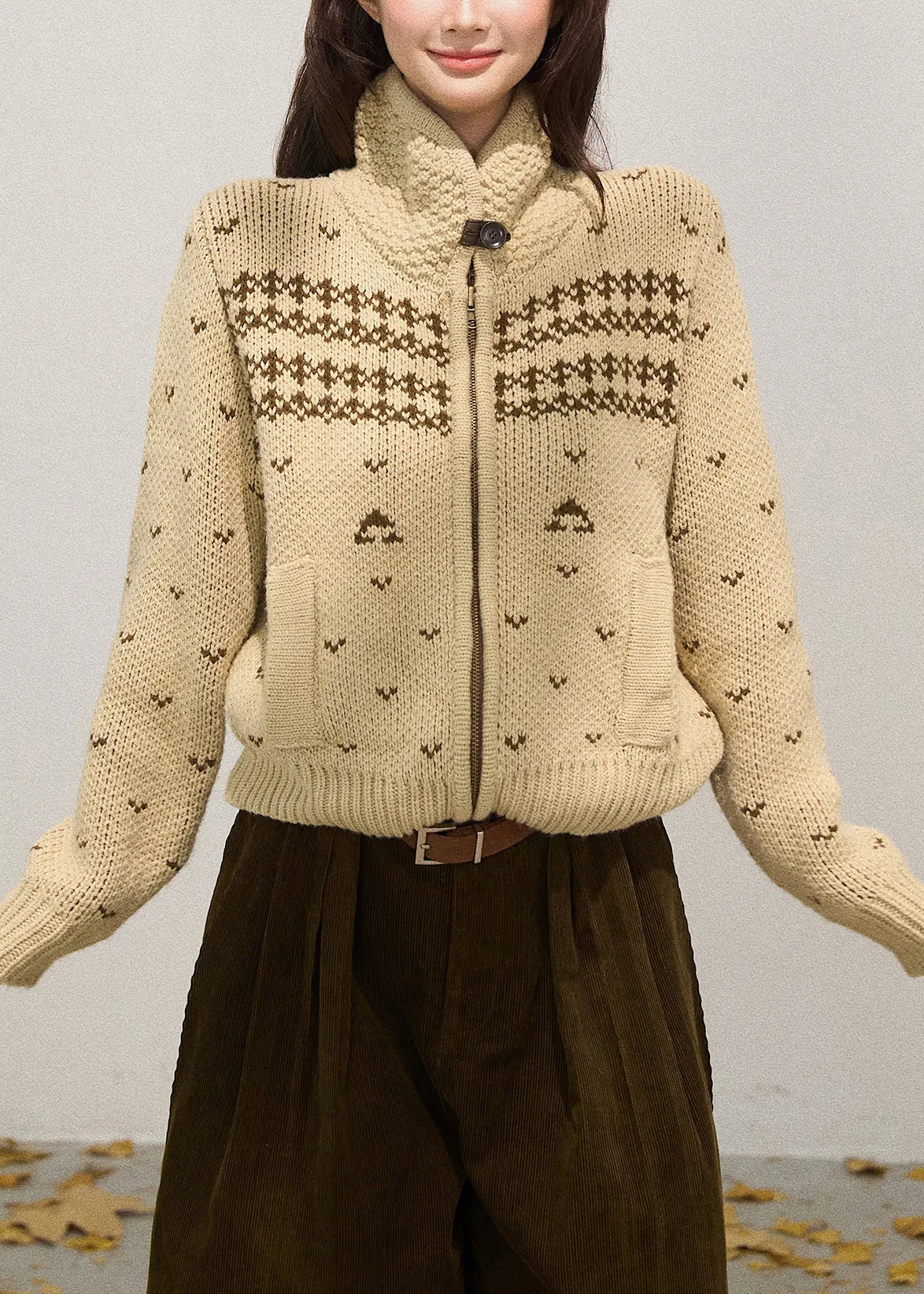 Khaki Stand Collar Zippered Knit Jackets Fall