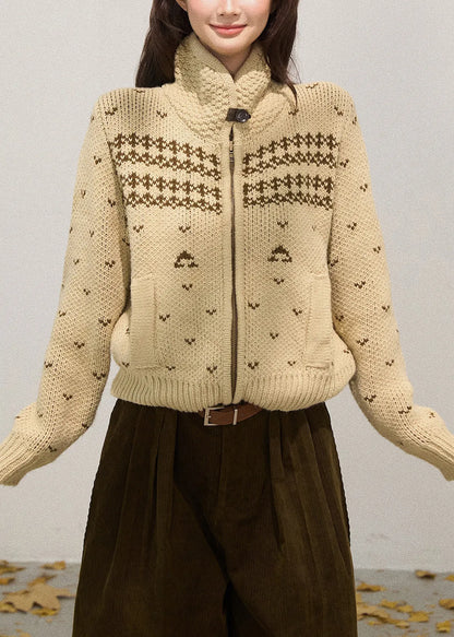 Khaki Stand Collar Zippered Knit Jackets Fall
