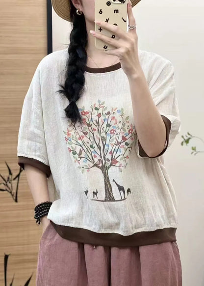White Oversized Patchwork Print Linen Tops Sleeveless