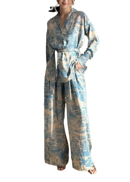 French Print Long Sleeved Lace Up Shirt and Wide Leg Pants Set