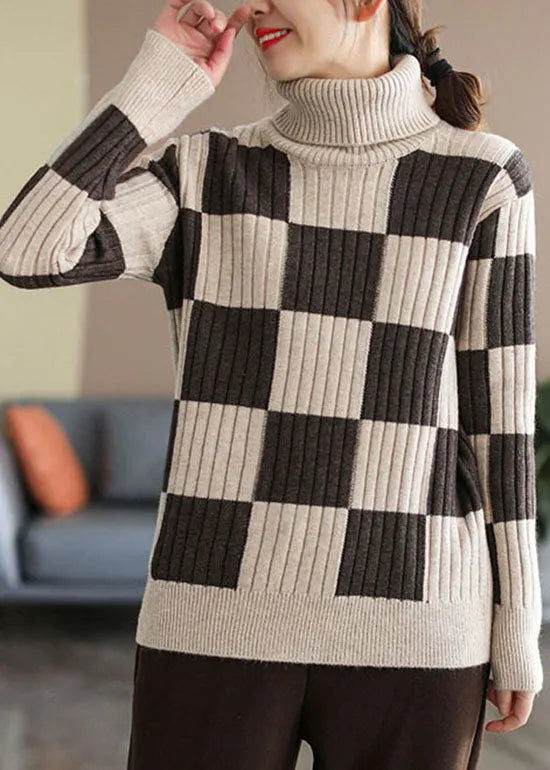 Chocolate Turtle Neck Plaid Knit Top Winter