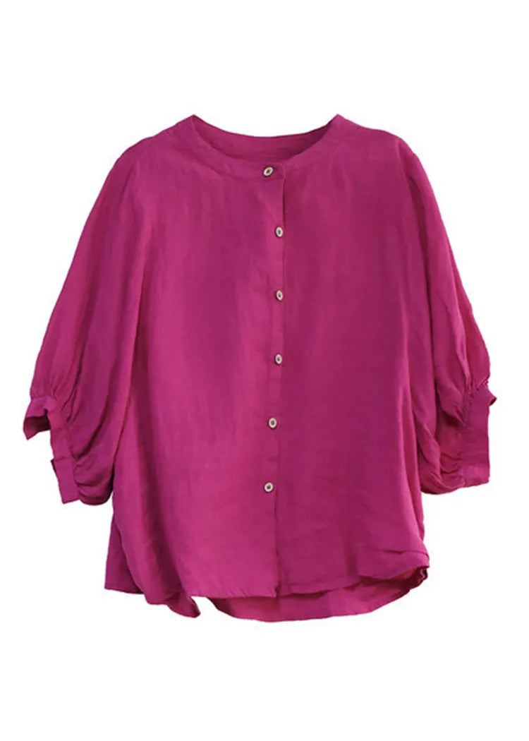 Rose O-neck Button Low High Design Linen Shirt Half Sleeve
