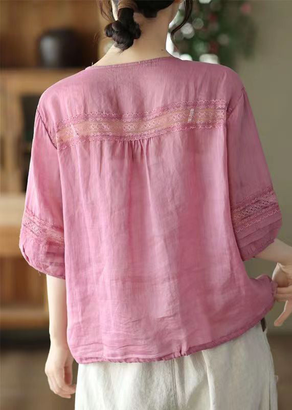 Rose V Neck Wrinkled Patchwork Linen Shirt Top Summer