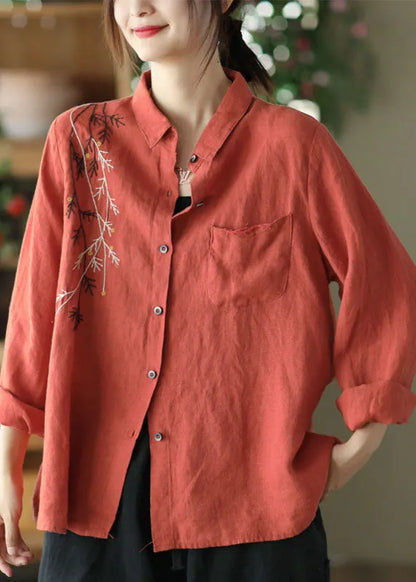 Black Peter Pan Collar Embroidered Linen Blouse Spring
