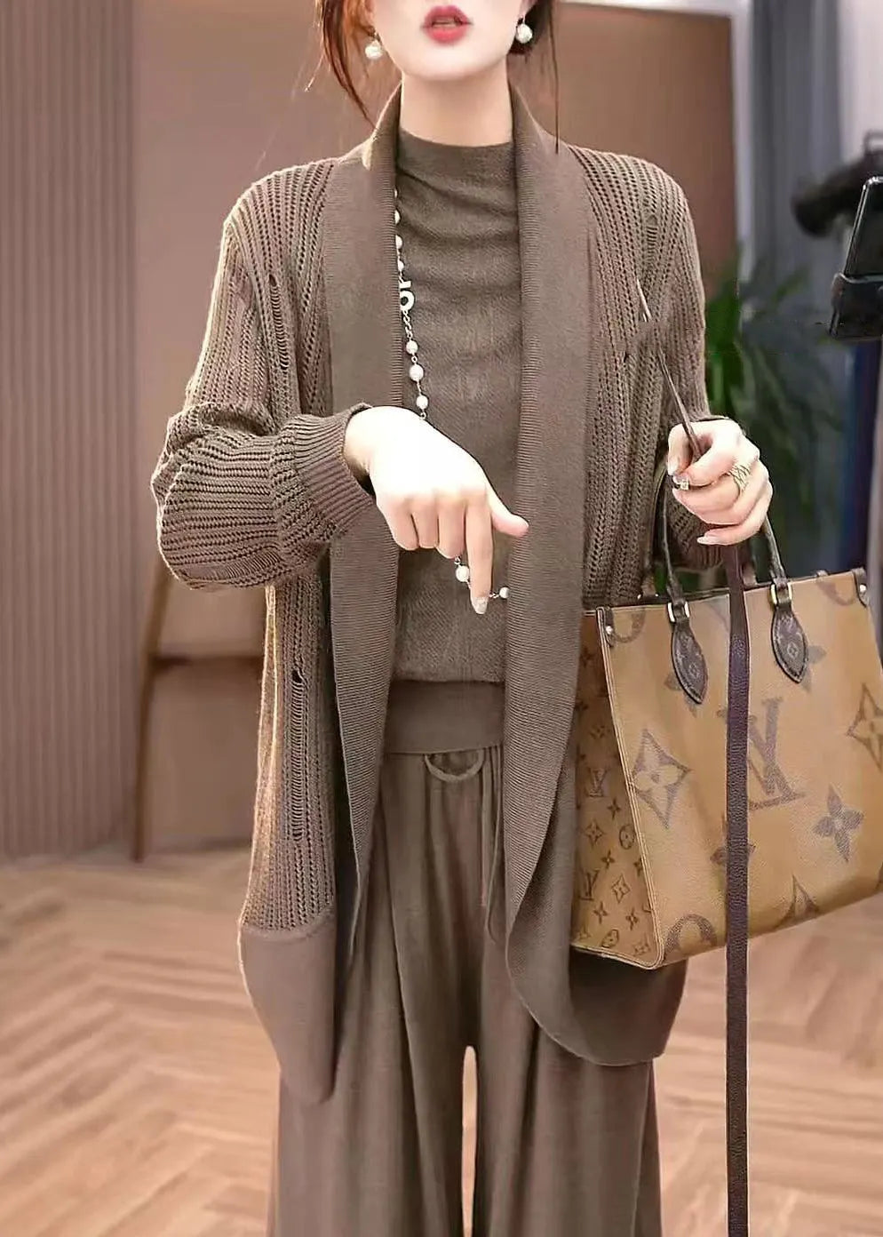 Coffee Hollow Out Knit Cardigans Winter