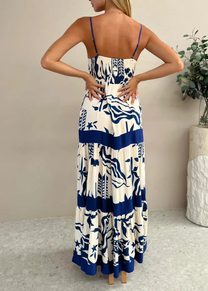 Navy Print Cotton Spaghetti Strap Dresses Summer