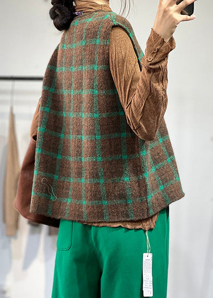 Loose Coffee Green O Neck Plaid Knit Vest Sleeveless