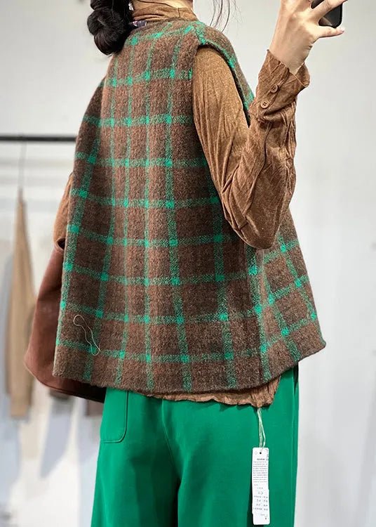 Loose Coffee Green O Neck Plaid Knit Vest Sleeveless