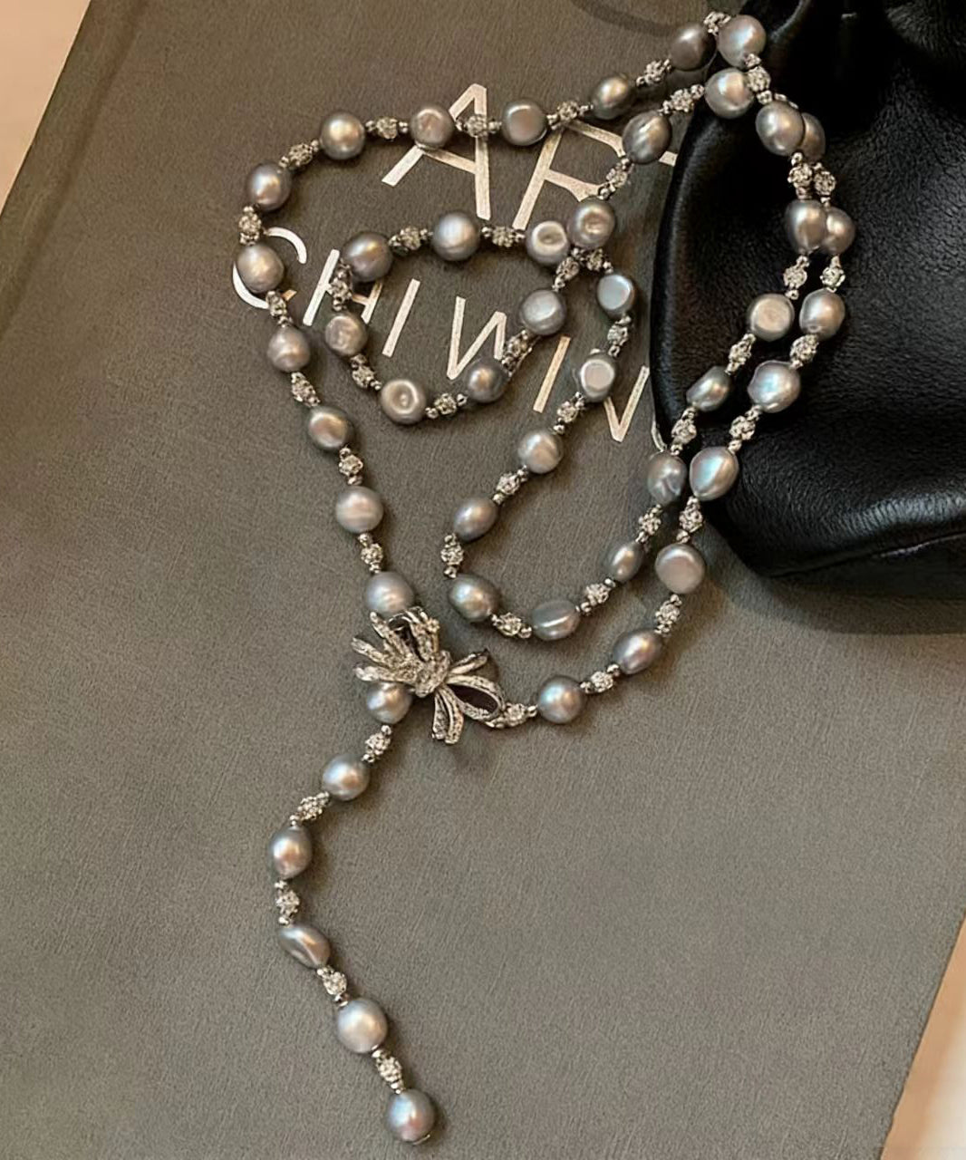 Grey Bow Multi-layer Pearl Necklace