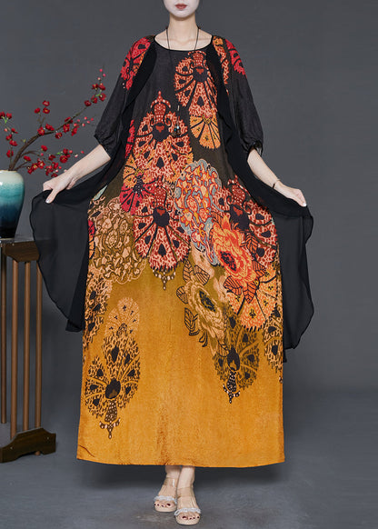 Gradient Color Print Patchwork Silk Long Dress Summer