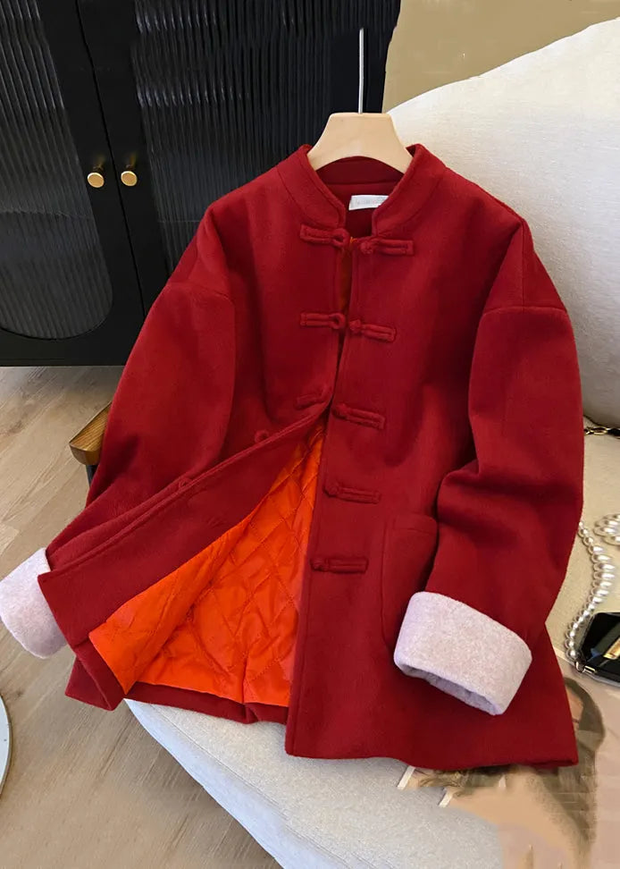 New Red Stand Collar Button Pockets Thick Woolen Coats Winter