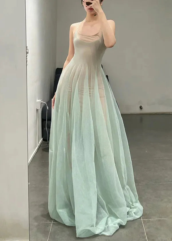Light Green O-neck Tulle Spaghetti Strap Dress Sleeveless