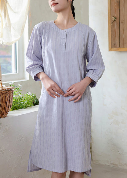 Original Loose Light Purple O Neck Cotton Dress Spring