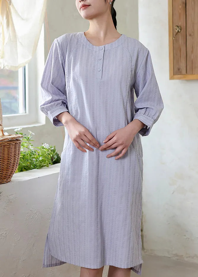 Original Loose Light Purple O Neck Cotton Dress Spring