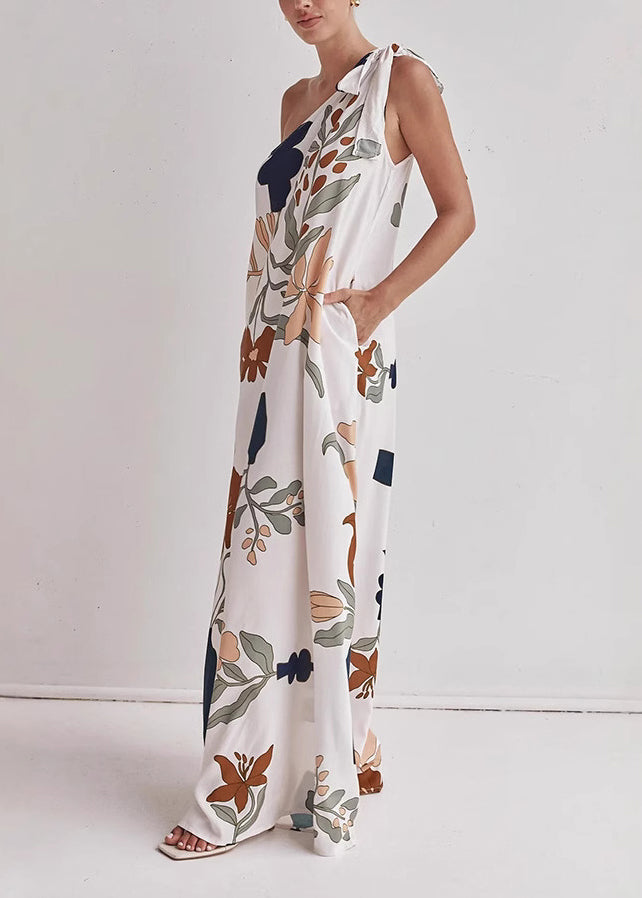 Italian White One Shoulder Print Cotton Vacation Dresses Summer
