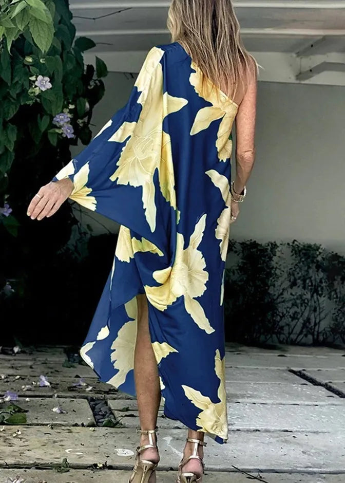 Blue Asymmetrical One Shoulder Print Cotton Dresses Long Sleeve