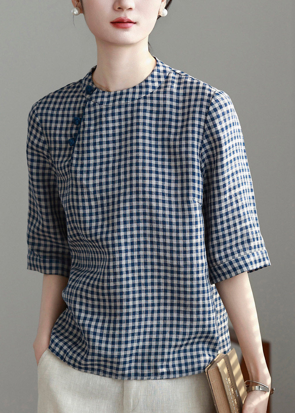 Plaid O-neck Top Short Sleeve