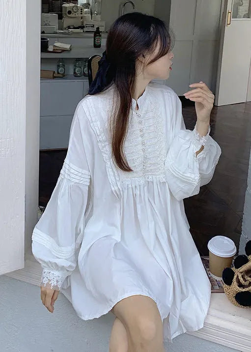 White Oversized Nail Bead Cotton Mini Dress Spring