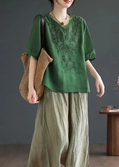 Green Patchwork Linen T Shirt Top V Neck Embroidered Summer