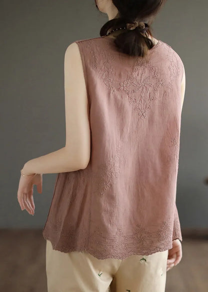 Skin Pink Embroidered Cotton Vest Sleeveless