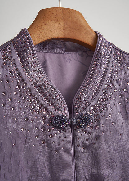 Purple Mandarin Collar Rhinestone Silk Velvet Vests Fall