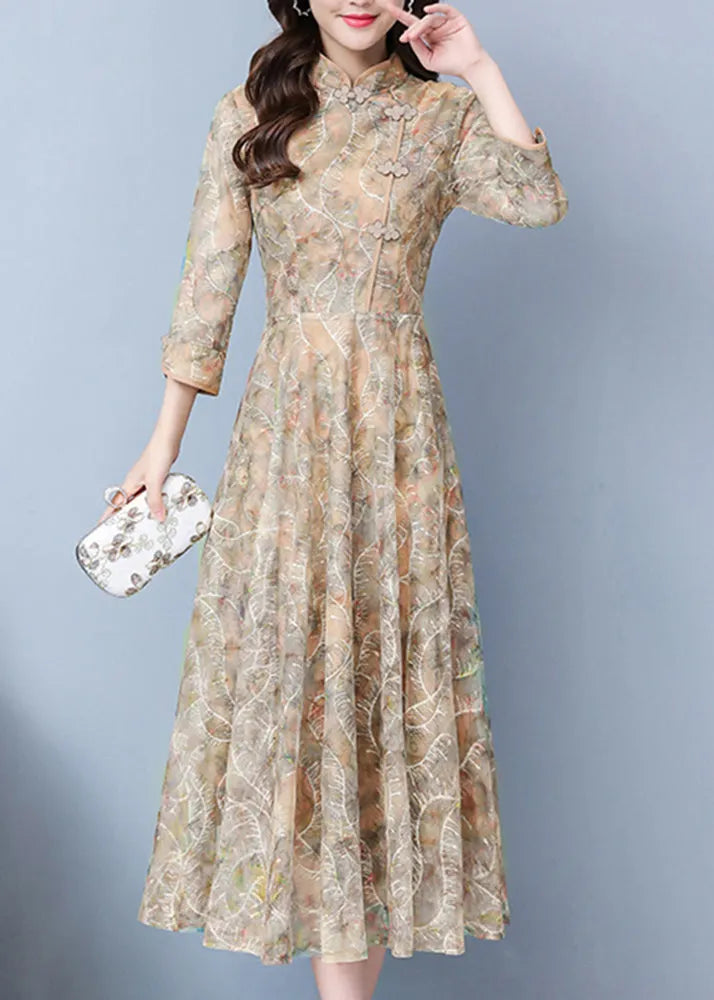 Khaki Print Exra Large Hem Lace Oriental Dresses Spring