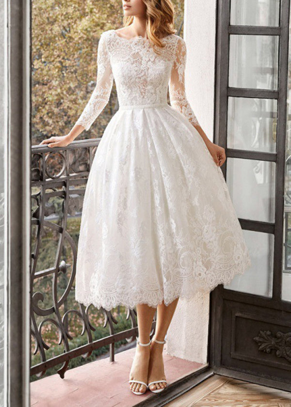 French White Slash Neck Wrinkled Patchwork Lace Dresses Summer