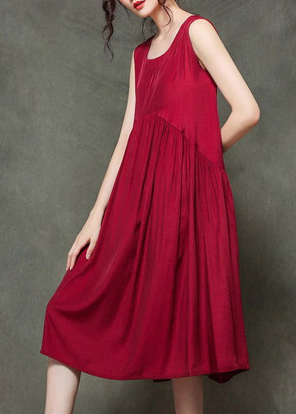 Red Polka Dot Stitching O-neck Wrinkled Long Dresses Sleeveless