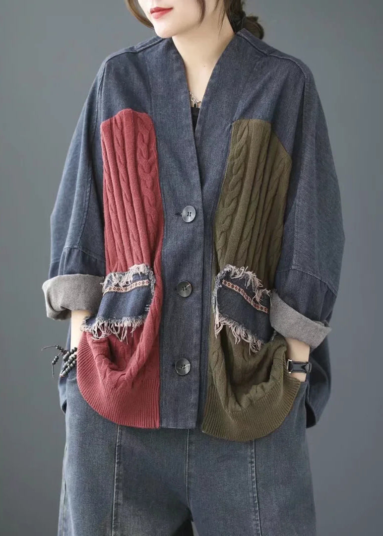 Blue V Neck Knit Patchwork Denim Coats Long Sleeve
