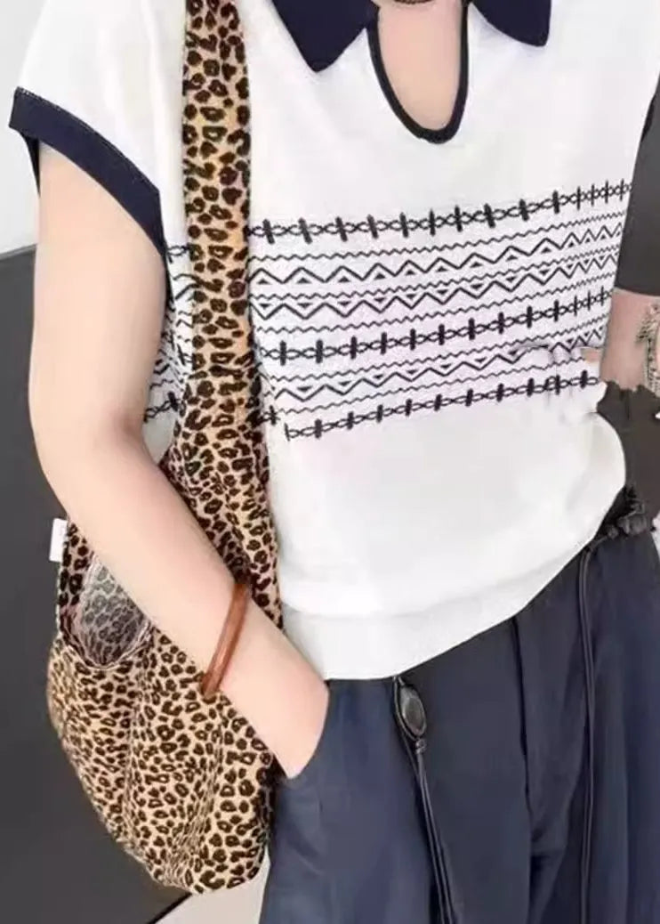 White Peter Pan Collar Print Knit Top Summer