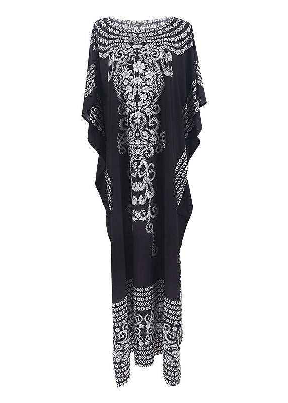 Black O Neck Print Chiffon Robe Dress Summer