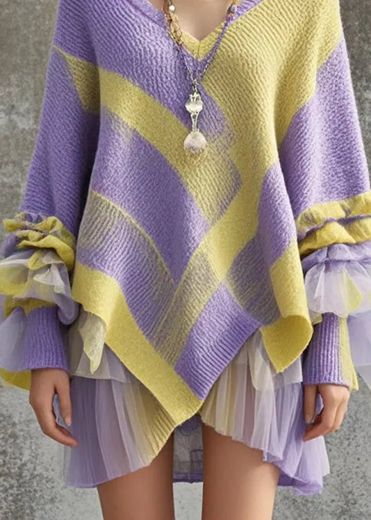 Purple Asymmetrical Patchwork Tulle Knitwear Dress Fall