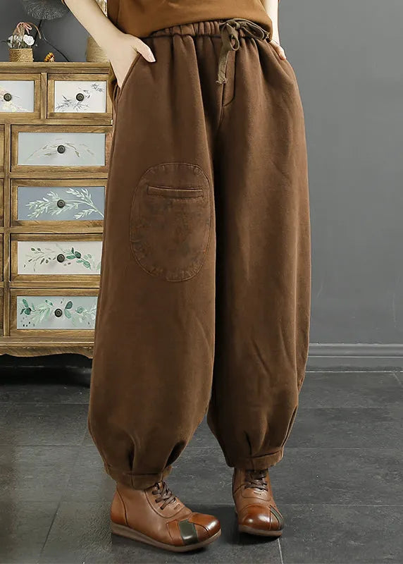 Coffee Pockets Elastic Waist Thick Warm Fleece Pants Winter