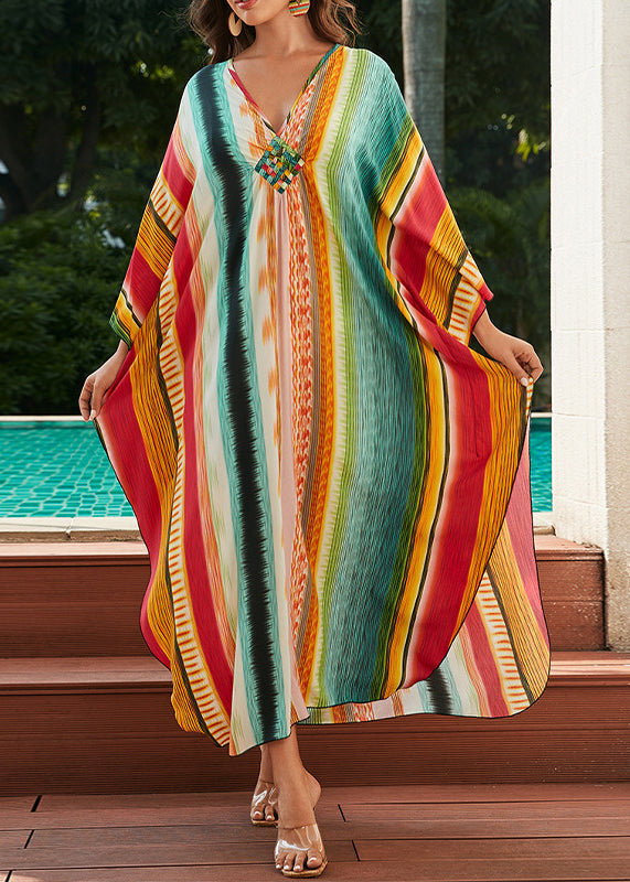 Loose V Neck Striped Side Open Cotton Dress Summer