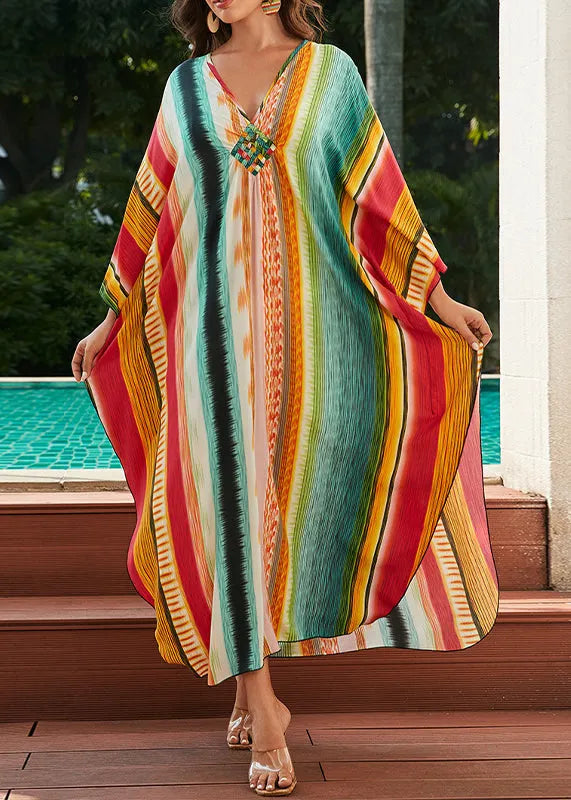 Loose V Neck Striped Side Open Cotton Dress Summer
