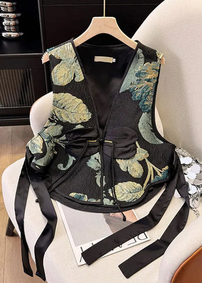 New Retro Black Tasseled Jacquard Silk Vests Summer