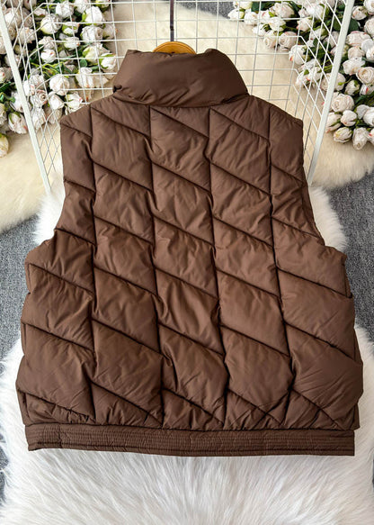 Coffee Stand Collar Pockets Patchwork Parka Waistcoat Winter