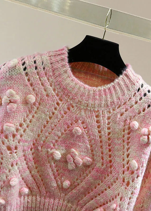 Pink Embroidered Hollow Out Cotton Knit Sweater Winter