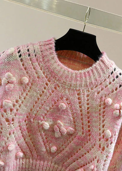 Pink Embroidered Hollow Out Cotton Knit Sweater Winter
