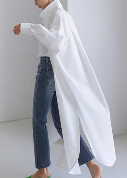 White Peter Pan Collar Asymmetrical Cotton Shirts Long Sleeve