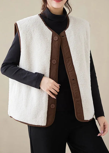 Loose White Button Wear on Both Sides Teddy Faux Fur Waistcoat Sleeveless