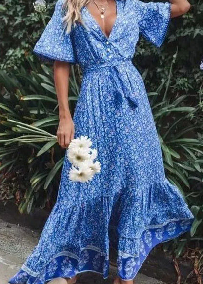 Classy Blue V Neck Print Lace Up Wrinkled Cotton Dress Summer