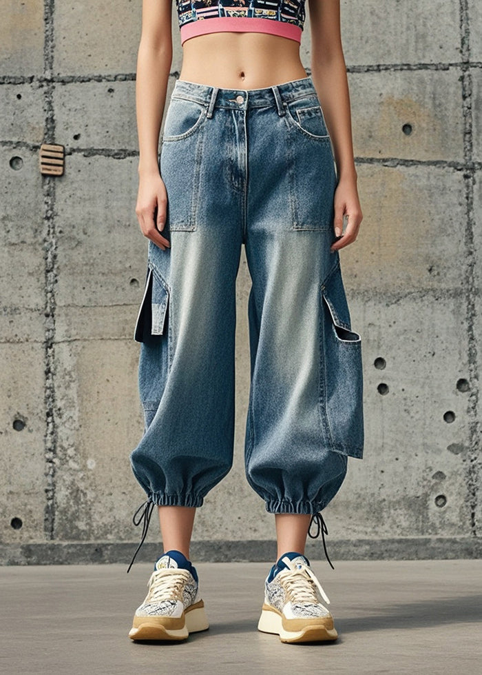 Blue Oversized Pockets Denim Crop Pants Fall
