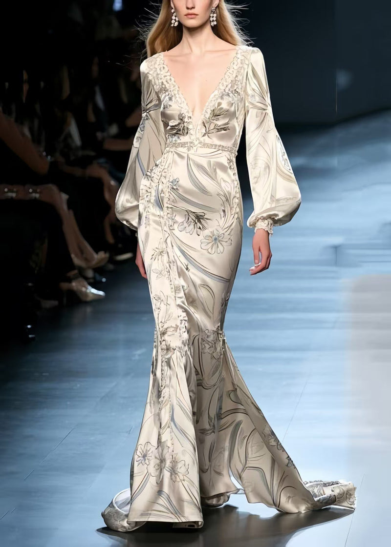 Silm Fit Beige Wraped Print Silk Fishtail Dress Lantern Sleeve