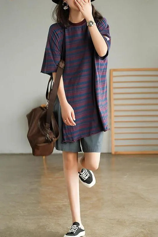 Cotton Stripes Split Hem O Neck T-shirt