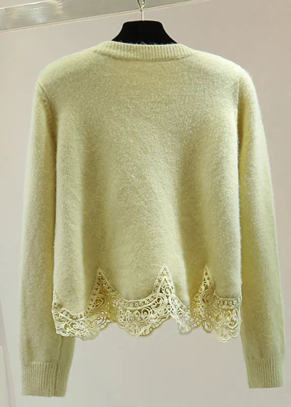 Light Green O-neck Lace Patchwork Cotton Knit Sweaters Winter