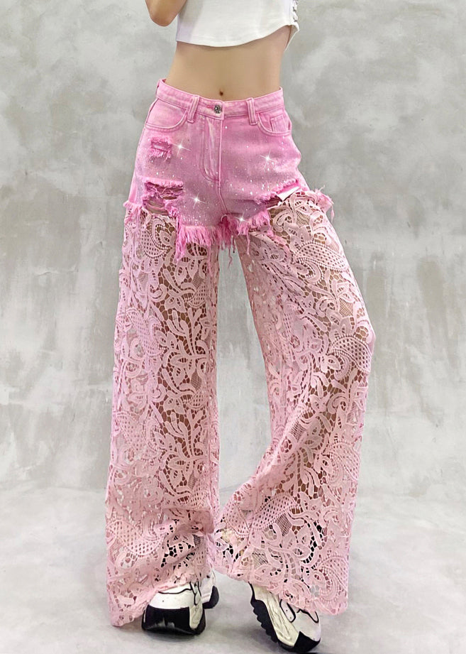 Pink Hollow Out Zircon Lace Patchwork Pants Summer