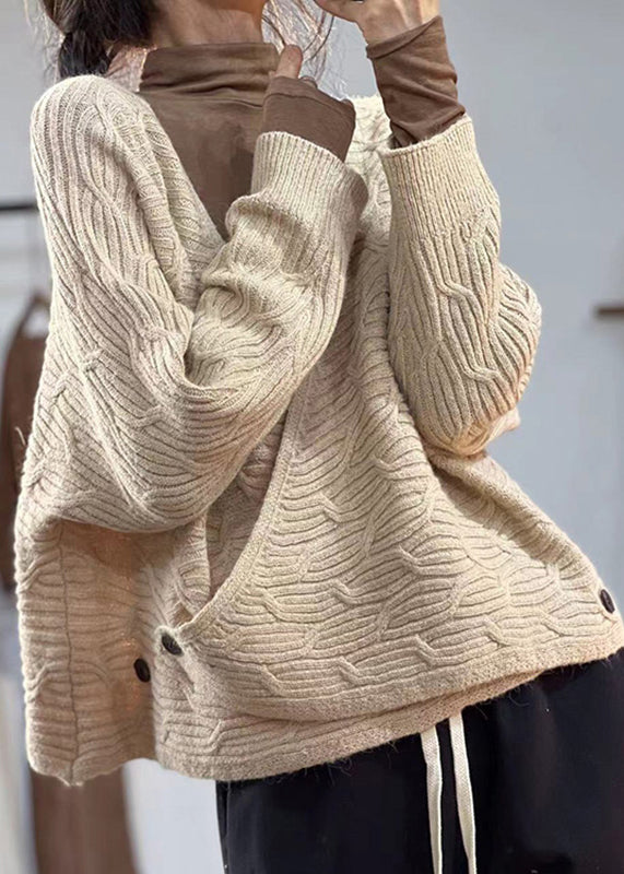 Coffee V Neck Button Cotton Knit Coats Fall
